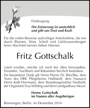 Traueranzeige von Fritz Gottschalk von Mitteldeutsche Zeitung