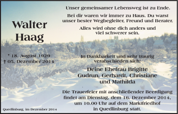 Traueranzeige von Walter Haag von Mitteldeutsche Zeitung Quedlinburg
