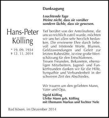 Traueranzeige von Hans-Peter Kölling von Mitteldeutsche Zeitung Naumburg/Nebra