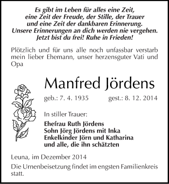 Traueranzeige von Manfred Jördens von Mitteldeutsche Zeitung