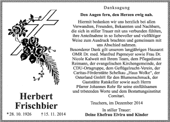 Traueranzeige von Herbert Frischbier von Mitteldeutsche Zeitung Weißenfels