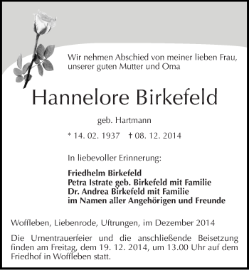 Traueranzeige von Hannelore Birkefeld von Mitteldeutsche Zeitung Sangerhausen
