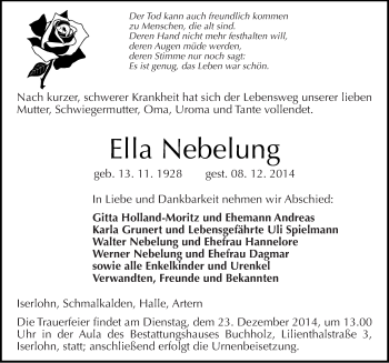 Traueranzeige von Ella Nebelung von Mitteldeutsche Zeitung Sangerhausen