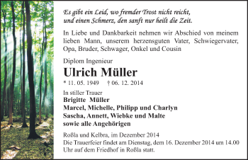 Traueranzeige von Ulrich Müller von Mitteldeutsche Zeitung Sangerhausen