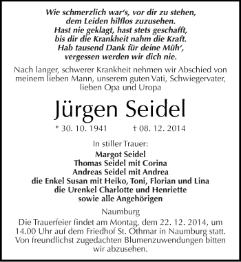 Traueranzeige von Jürgen Seidel von Mitteldeutsche Zeitung Naumburg/Nebra