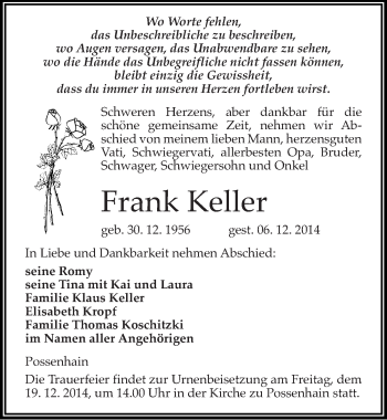 Traueranzeige von Frank Keller von Mitteldeutsche Zeitung