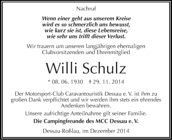 Traueranzeige von Willi Schulz von Mitteldeutsche Zeitung Dessau-Roßlau