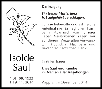 Traueranzeige von Isolde Saul von Mitteldeutsche Zeitung Mansfelder Land