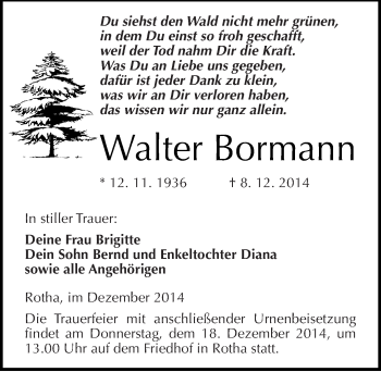 Traueranzeige von Walter Bormann von Mitteldeutsche Zeitung Sangerhausen