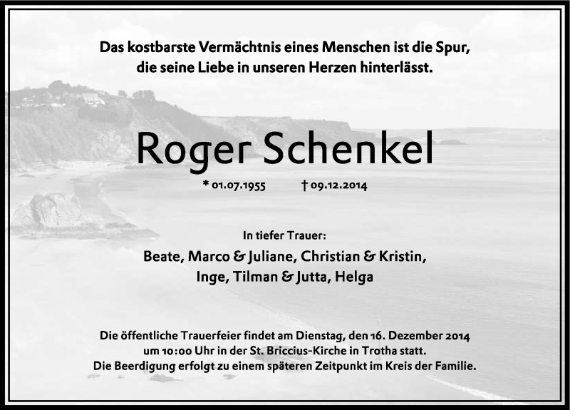  Traueranzeige für Roger Schenkel vom 11.12.2014 aus Mitteldeutsche Zeitung Halle/Saalkreis