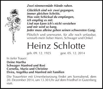 Traueranzeige von Heinz Schlotte von Mitteldeutsche Zeitung Halle/Saalkreis