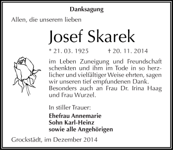 Traueranzeige von Josef Skarek von Mitteldeutsche Zeitung Merseburg/Querfurt