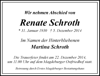 Traueranzeige von Renate Schroth von Mitteldeutsche Zeitung Köthen
