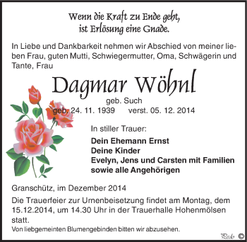 Traueranzeige von Dagmar Wöhnl von Mitteldeutsche Zeitung Weißenfels