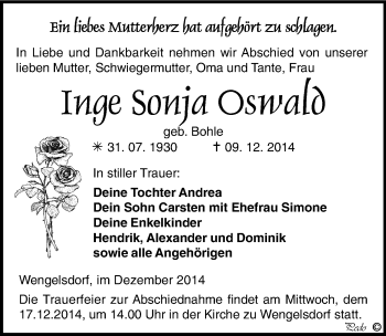 Traueranzeige von Inge Sonia Oslea von Mitteldeutsche Zeitung Weißenfels