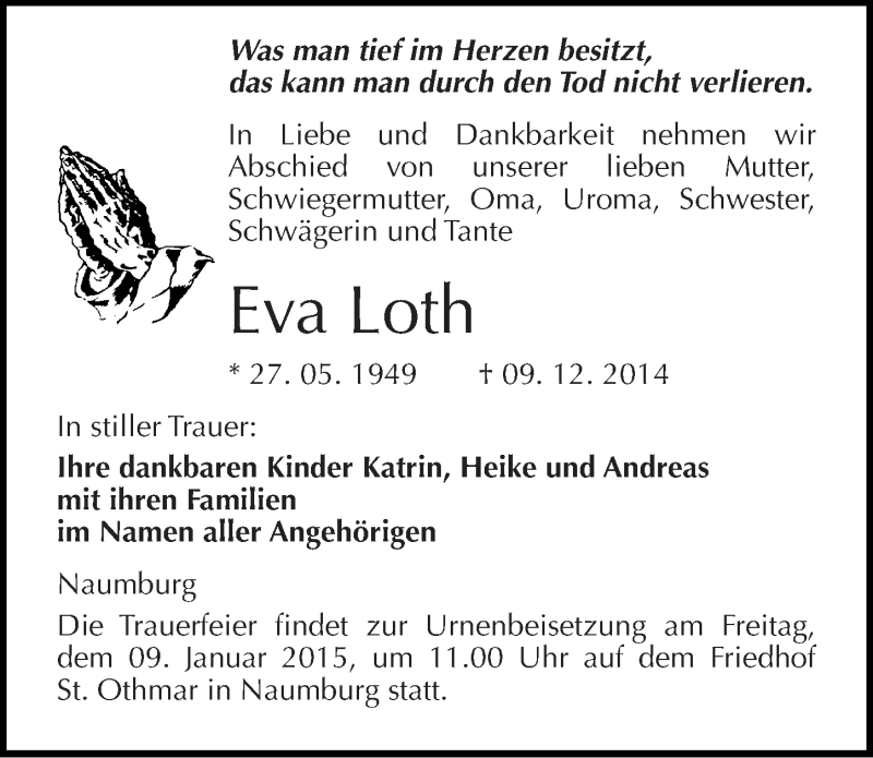  Traueranzeige für Eva Dagmar Loth vom 13.12.2014 aus Mitteldeutsche Zeitung Naumburg/Nebra