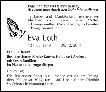 Traueranzeige von Eva Dagmar Loth von Mitteldeutsche Zeitung Naumburg/Nebra