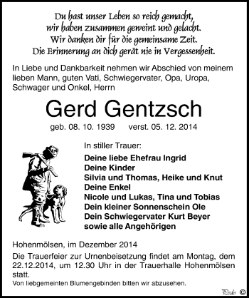 Traueranzeige von Gerd Gentzsch von Mitteldeutsche Zeitung Weißenfels