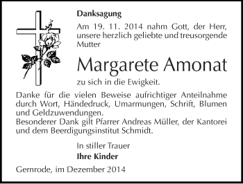 Traueranzeige von Margarete Amonat von Mitteldeutsche Zeitung Quedlinburg