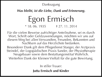Traueranzeige von Egon Ermisch von Mitteldeutsche Zeitung Mansfelder Land