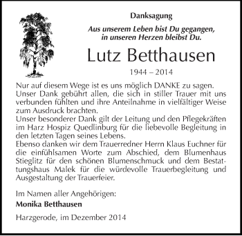Traueranzeige von Lutz Betthausen von Mitteldeutsche Zeitung Quedlinburg