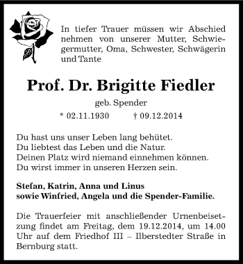 Traueranzeige von Brigitte Fiedler von Mitteldeutsche Zeitung Bernburg