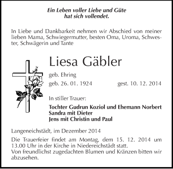 Traueranzeige von Liesa Gäbler von Mitteldeutsche Zeitung Merseburg/Querfurt
