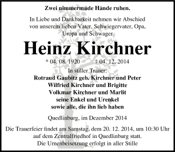 Traueranzeige von Heinz Kirchner von Mitteldeutsche Zeitung Quedlinburg