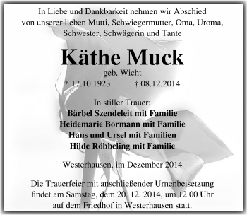 Traueranzeige von Käthe Muck von Mitteldeutsche Zeitung Quedlinburg