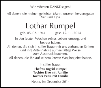 Traueranzeige von Lothar Rumpel von Mitteldeutsche Zeitung Naumburg/Nebra