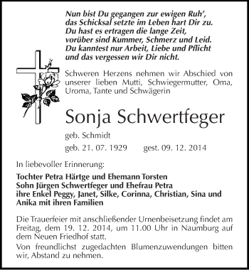 Traueranzeige von Sonja Schwertfeger von Mitteldeutsche Zeitung Naumburg/Nebra