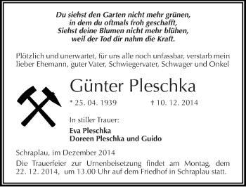 Traueranzeige von Günter Pleschka von Mitteldeutsche Zeitung Merseburg/Querfurt