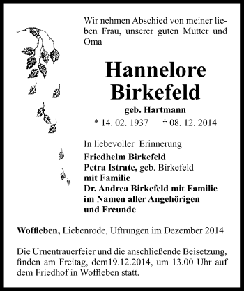 Traueranzeige von Hannelore Birkefeld von Mitteldeutsche Zeitung Sangerhausen