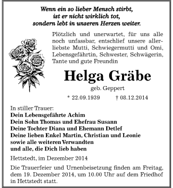 Traueranzeige von Helga Gräbe von Mitteldeutsche Zeitung Mansfelder Land