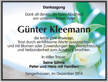 Traueranzeige von Günter Kleemann von Mitteldeutsche Zeitung Sangerhausen