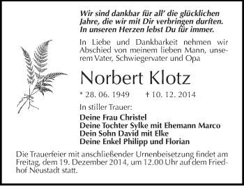 Traueranzeige von Norbert Klotz von Mitteldeutsche Zeitung Halle/Saalkreis