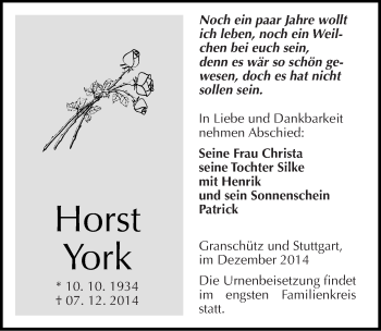 Traueranzeige von Horst York von Mitteldeutsche Zeitung Weißenfels