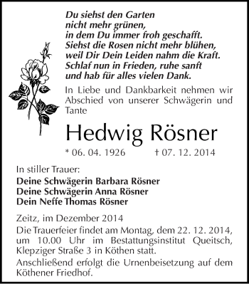 Traueranzeige von Hedwig Rösner von Mitteldeutsche Zeitung Zeitz