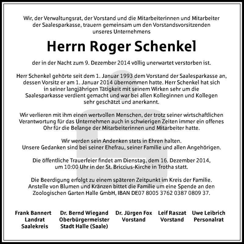  Traueranzeige für Roger Schenkel vom 13.12.2014 aus Mitteldeutsche Zeitung