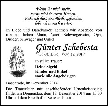 Traueranzeige von Günter Schebesta von Mitteldeutsche Zeitung Sangerhausen