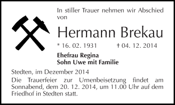 Traueranzeige von Hermann Brekau von Mitteldeutsche Zeitung Mansfelder Land
