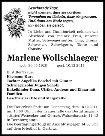 Traueranzeige von Marlene Wollschlaeger von Mitteldeutsche Zeitung Bernburg