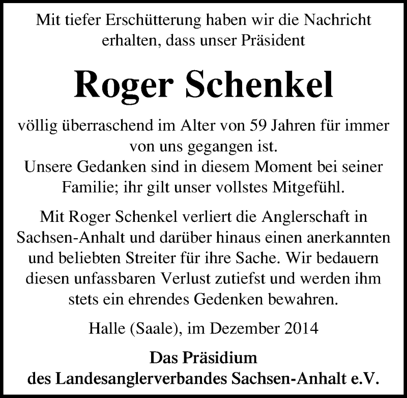  Traueranzeige für Roger Schenkel vom 13.12.2014 aus Mitteldeutsche Zeitung