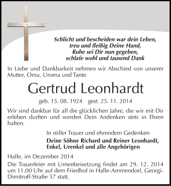 Traueranzeige von Gertrud Leonhardt von Mitteldeutsche Zeitung Merseburg/Querfurt