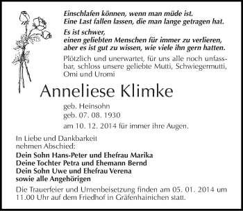 Traueranzeige von Anneliese Klimke von Mitteldeutsche Zeitung Wittenberg