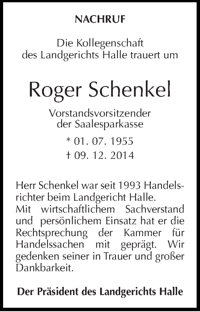  Traueranzeige für Roger Schenkel vom 13.12.2014 aus Mitteldeutsche Zeitung Halle/Saalkreis