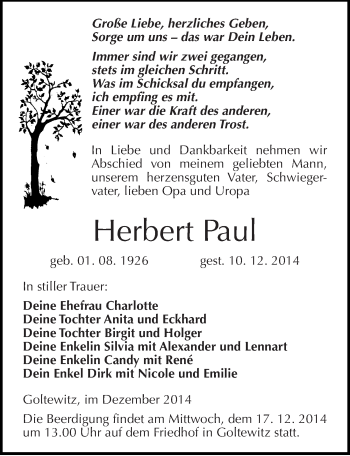 Traueranzeige von Herbert Paul von Mitteldeutsche Zeitung Wittenberg