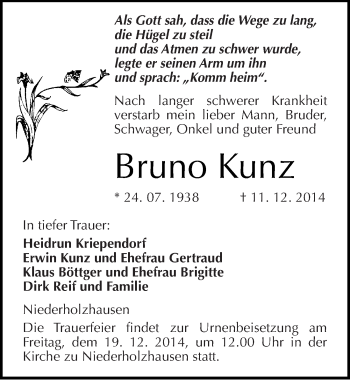 Traueranzeige von Bruno Kunz von Mitteldeutsche Zeitung Naumburg/Nebra