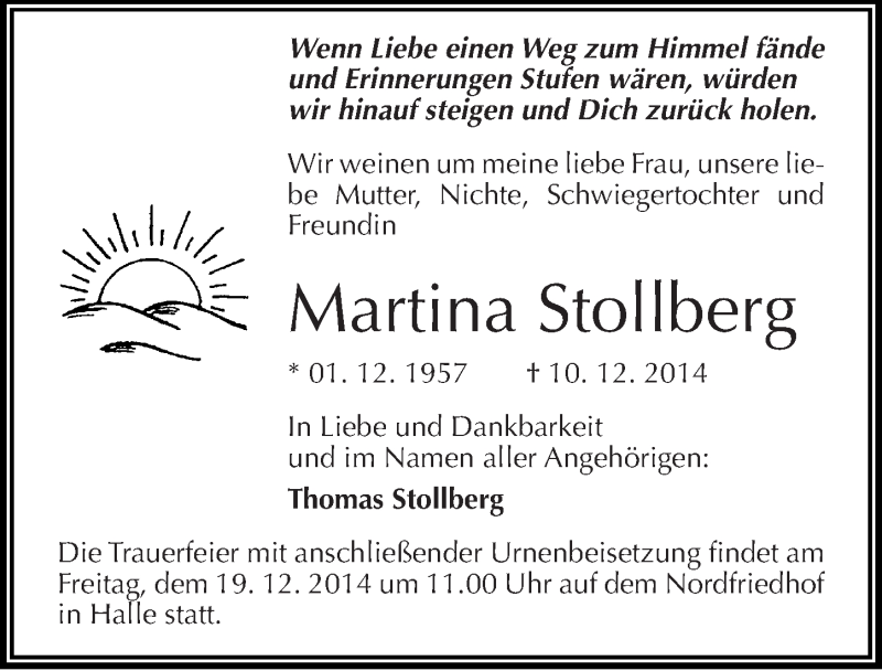  Traueranzeige für Martina Stollberg vom 13.12.2014 aus Mitteldeutsche Zeitung Halle/Saalkreis