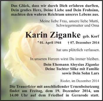 Traueranzeige von Karin Ziganke von Mitteldeutsche Zeitung Quedlinburg